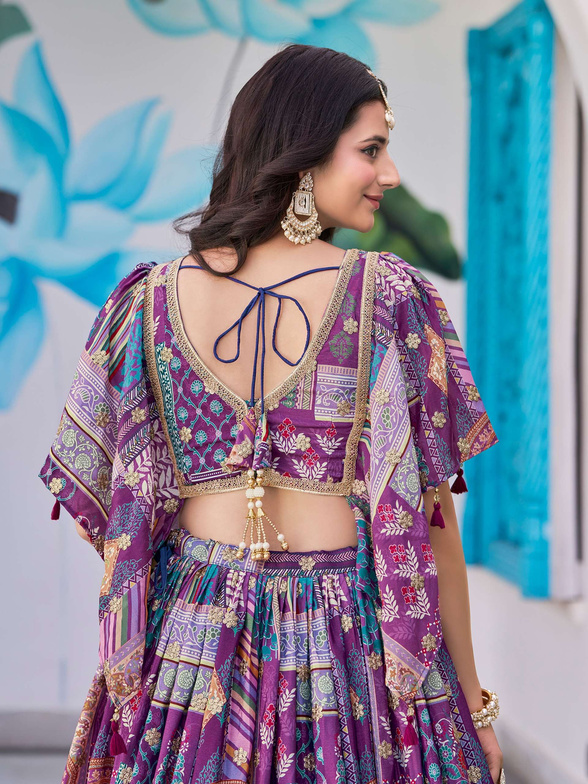  Purple Multicolor flower Printed Lehenga Choli in Chinnon Silk fabric supplier in surat 7050 Purple 